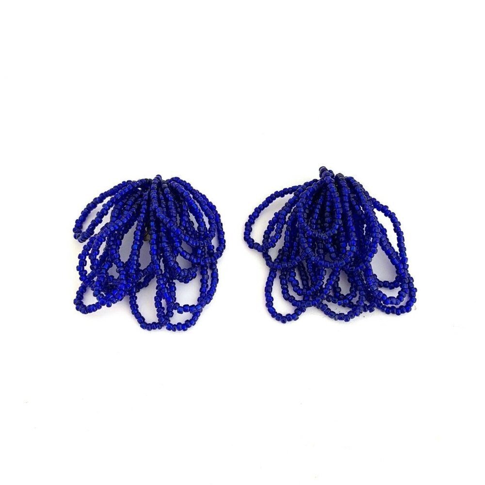 VINTAGE‎ Royal Blue Cluster Seed Bead Loop Earrings